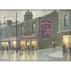 Steven Scholes (Northern British 1952-): 'The Original Eccles Cake Shop' Eccles 1962, oil on canvas signed, titled verso 28.5cm x 38.5cm