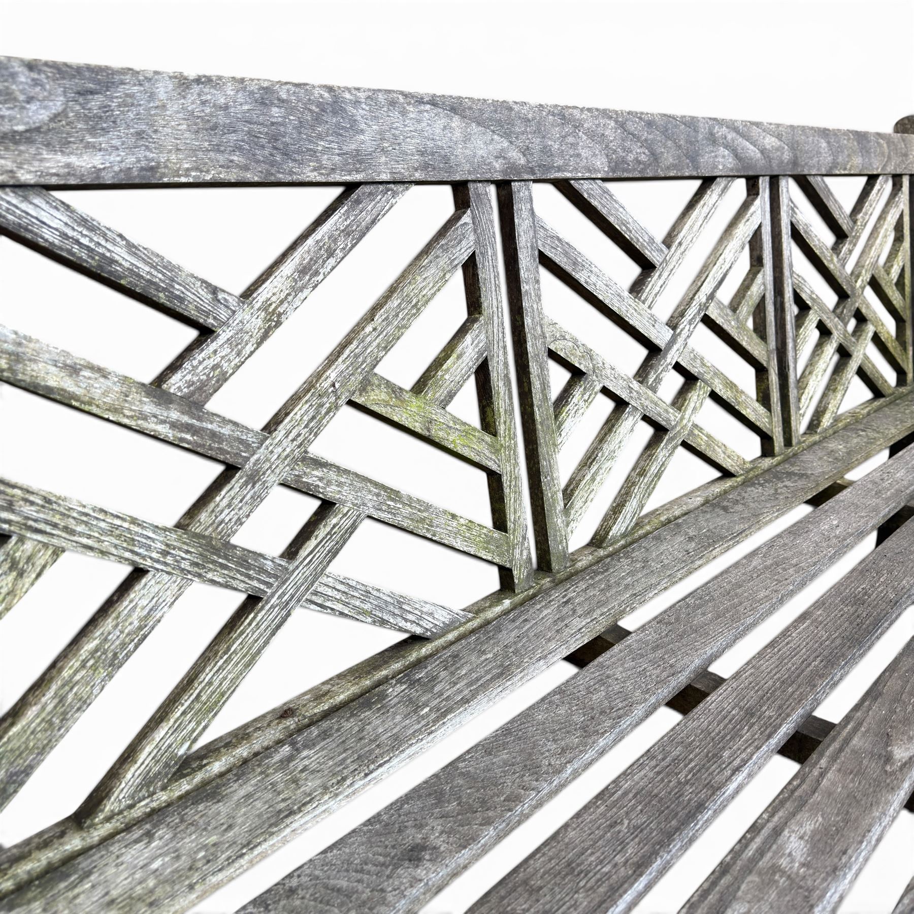 Plantation teak garden bench, triple lattice with slatted seat