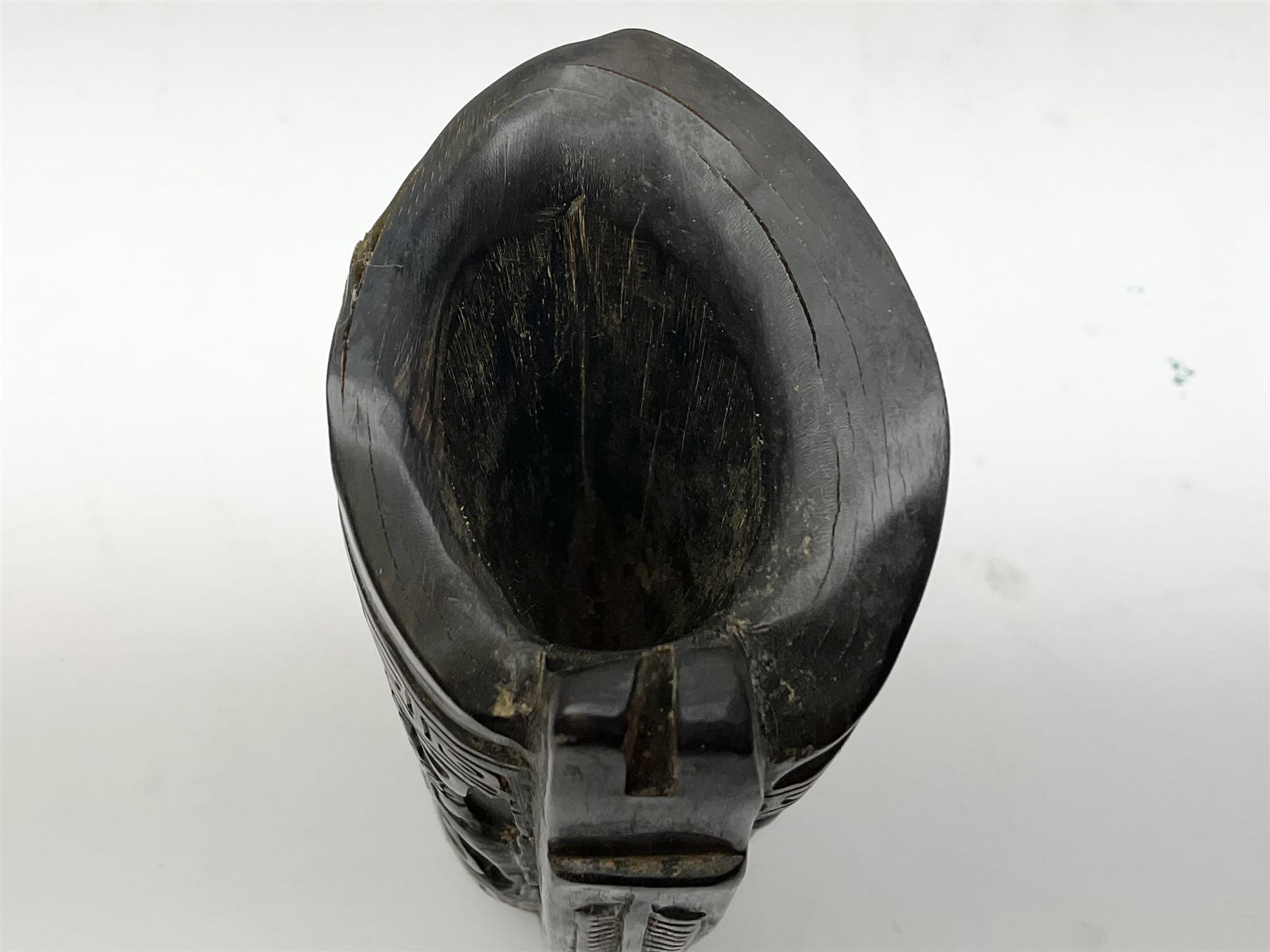 Chinese horn blood collection cup, carved with dragons and key fret border, H9.5cm