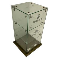 Counter top glazed display cabinet, with 'Rolex', 'Breitling' and 'Omega' logos, lockable with keys