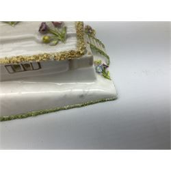 Group of figures, comprising six Royal Doulton examples, Daydreams HN1731, Silks and Ribbons HN2017, Tom Sawyer HN2926, Marie HN1370, Bo-Peep HN1811, and Tinkle Bell HN1677, together with a Dresden type 'lace' example, and a Coalport 'Swiss Cottage', (8)