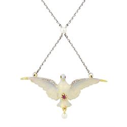 Early 20th century platinum and gold enamel, pearl and diamond dove pendant necklace, the ...