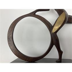 John Huggins FRBS (British 1938): 'Girl with Hoop', bronze sculpture upon black lacquered wooden base, H33cm, artist resale rights apply