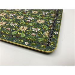 20th century Chinese cloisonne enamel smoking set, comprising two ashtrays, box and tray, with floral and foliate scrolling on green ground
