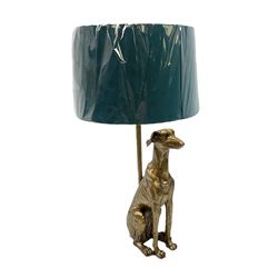 Composite table lamp, modelled as a gilt seated whippet, with teal velvet shade, H71cm
