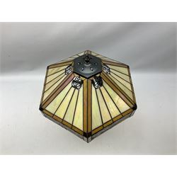 Tiffany style table lamp, with cast bronzed effect base and leaded glass shade, H56cm