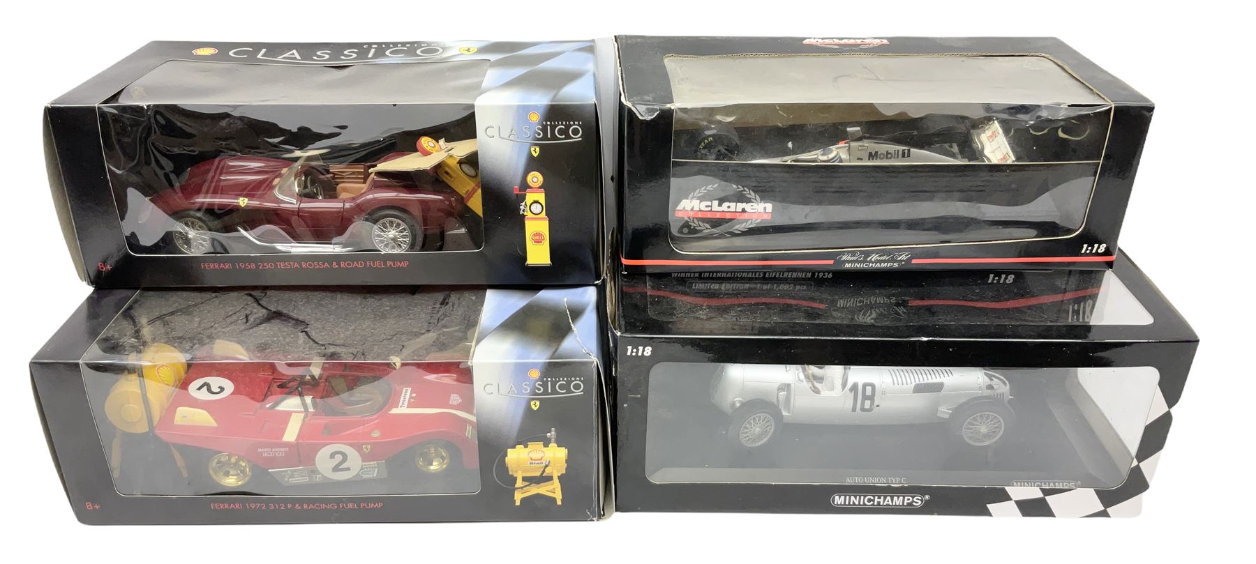 Two Collezione Classico large scale die-cast models of a Ferrari 1972 312P with Racing Fuel Pump and Ferrari 1958 250 Testa Rossa with Road Fuel Pump; and two Minichamps 1:18 scale models of a McLaren Mercedes Racing Car and Auto Union Typ C racing car; all boxed (4)