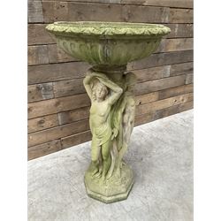 Cast stone bird bath, pedestal in the form of 'The Three Graces'