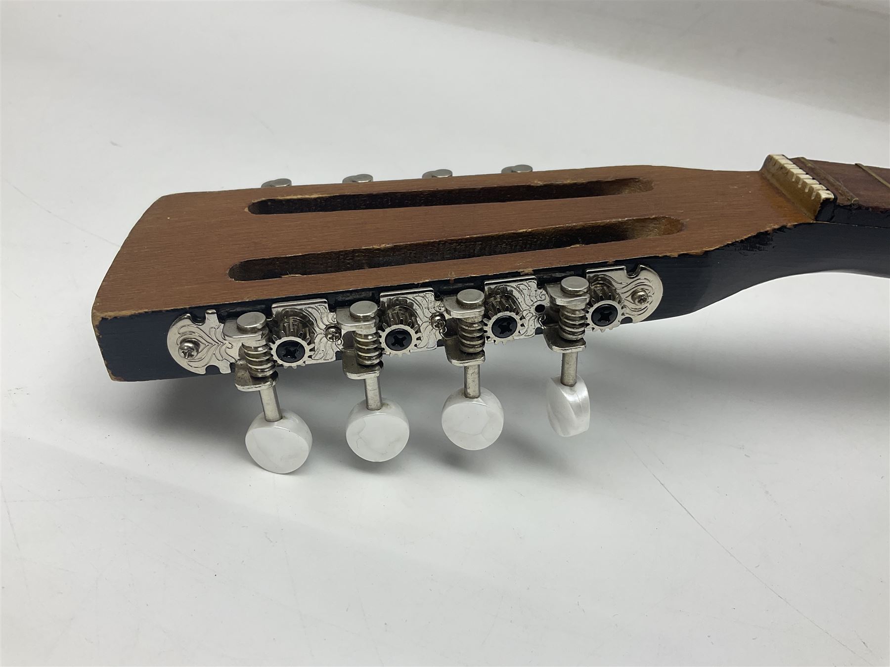 French mandolin with segmented lute back and mother-of-pearl inlaid spruce top; bears label for 'Jerome Thibouville-Lamy & Cie Paris L60cm; and another unmarked flat-back mandolin; both for completion (2)