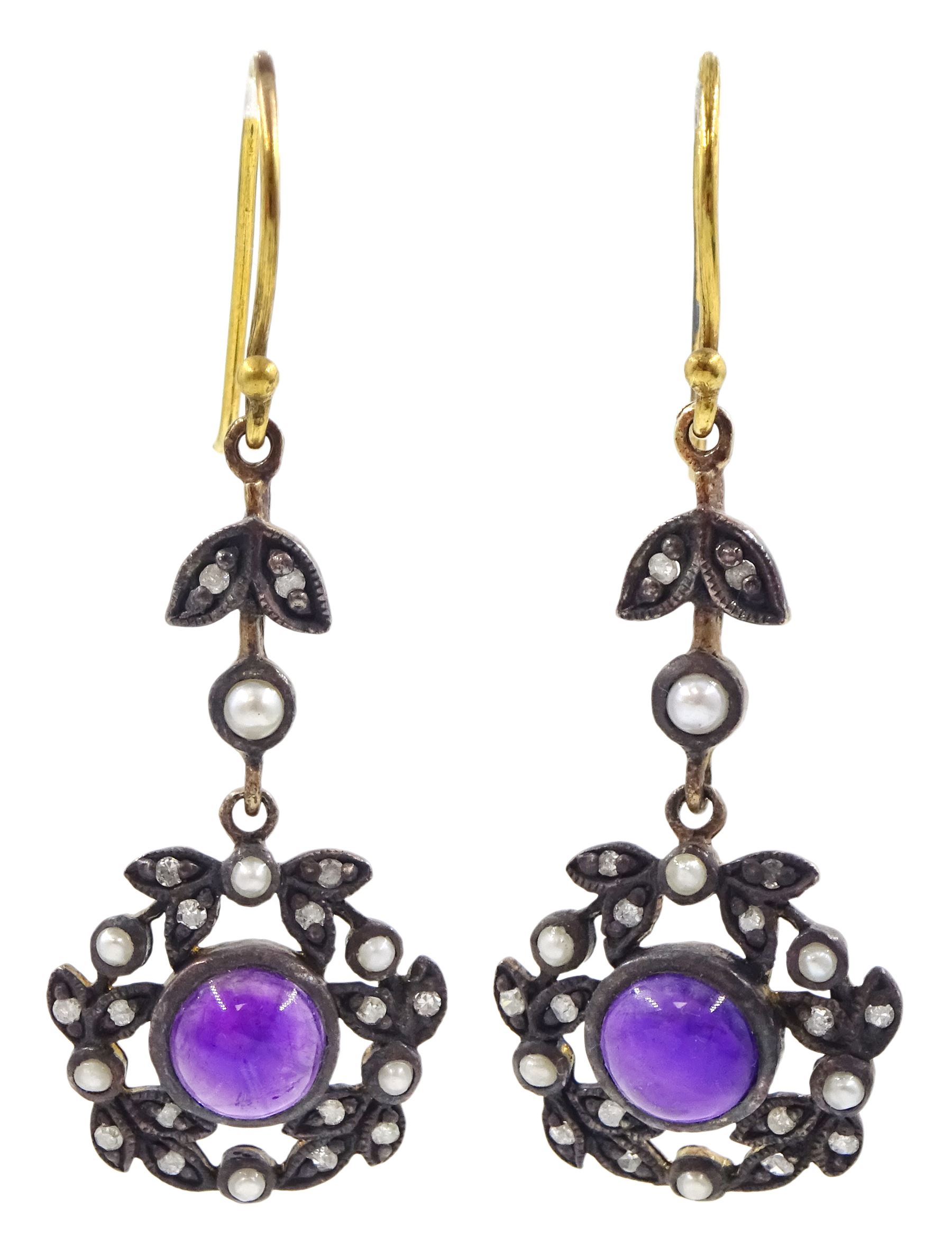 Pair of cabochon amethyst, pearl and diamond pendant earrings
