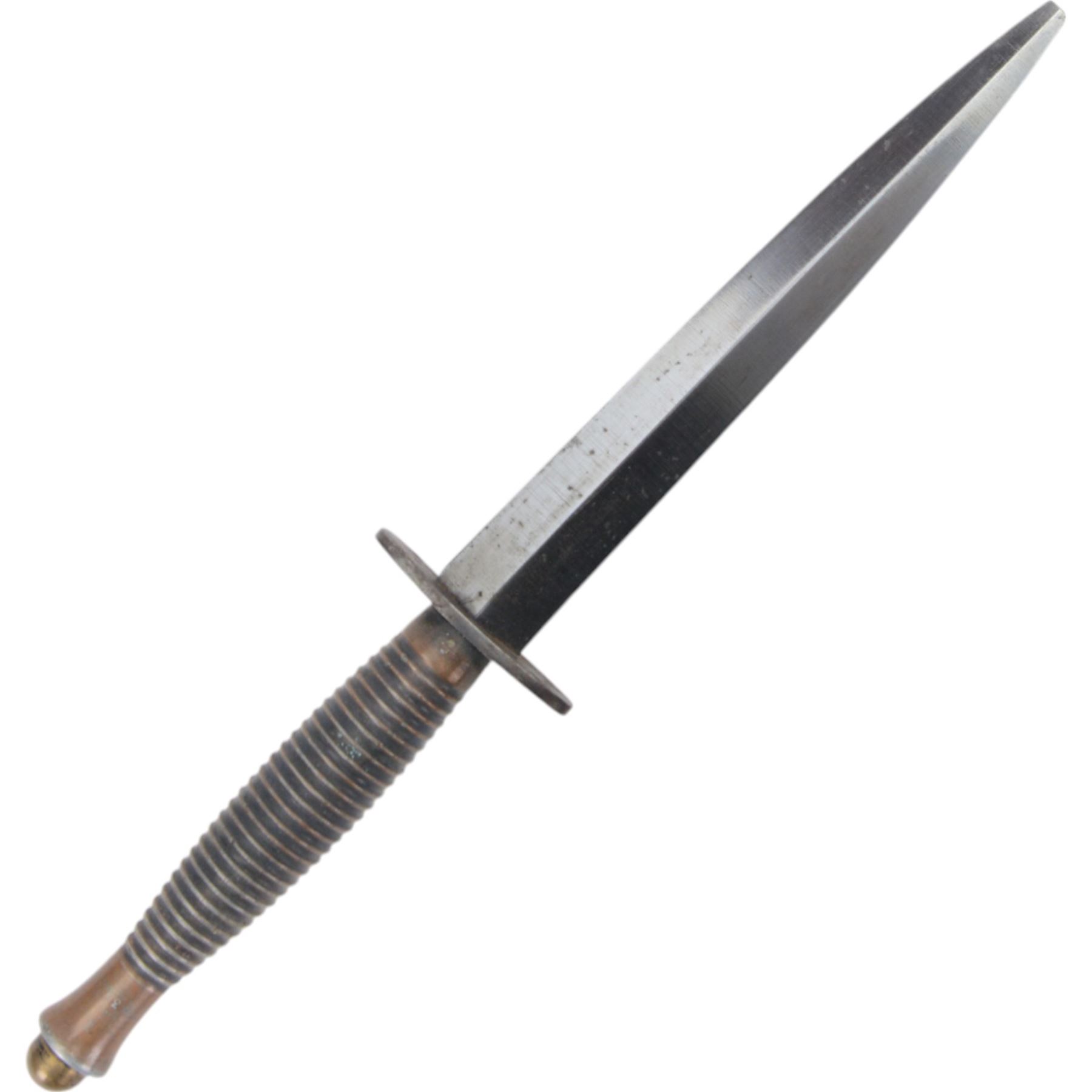 British Fairbairn-Sykes Commando fighting knife with unmarked 17cm double edged blade, oval brass cross-guard and ringed grip, in brown leather scabbard