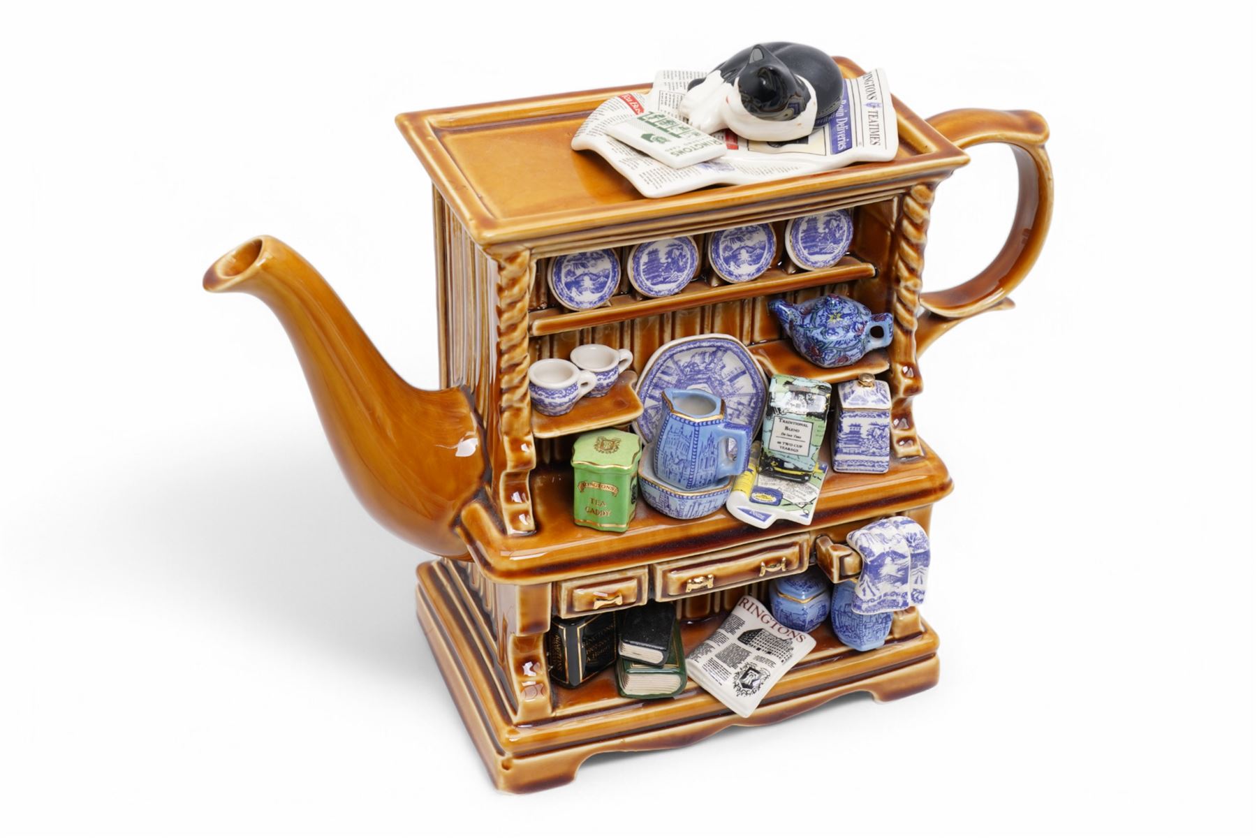 Ringtons items including novelty teapot Millenium Welsh Dresser, another Tea Time, tea caddy, Willow Story vase, Landmarks vase, five Millenium beakers etc