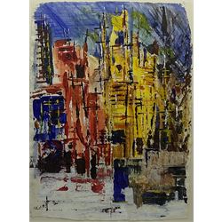 Elspeth Milnes (British Contemporary): 'Parisian Street', acrylic on handmade paper 79cm x 59cm
Provenance: purchased by the vendor at the artist's charity studio sale Lot 7; Elspeth living in Scarborough returned to art in 2000 and undertook and completed a degree in Fine art with Honours