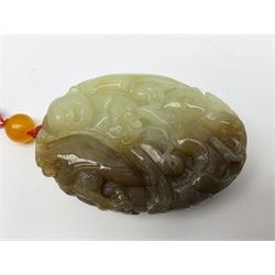 Chinese hardstone carving of a fish amongst coral, with platted rope handle, together with other hardstone and soft stone carvings  