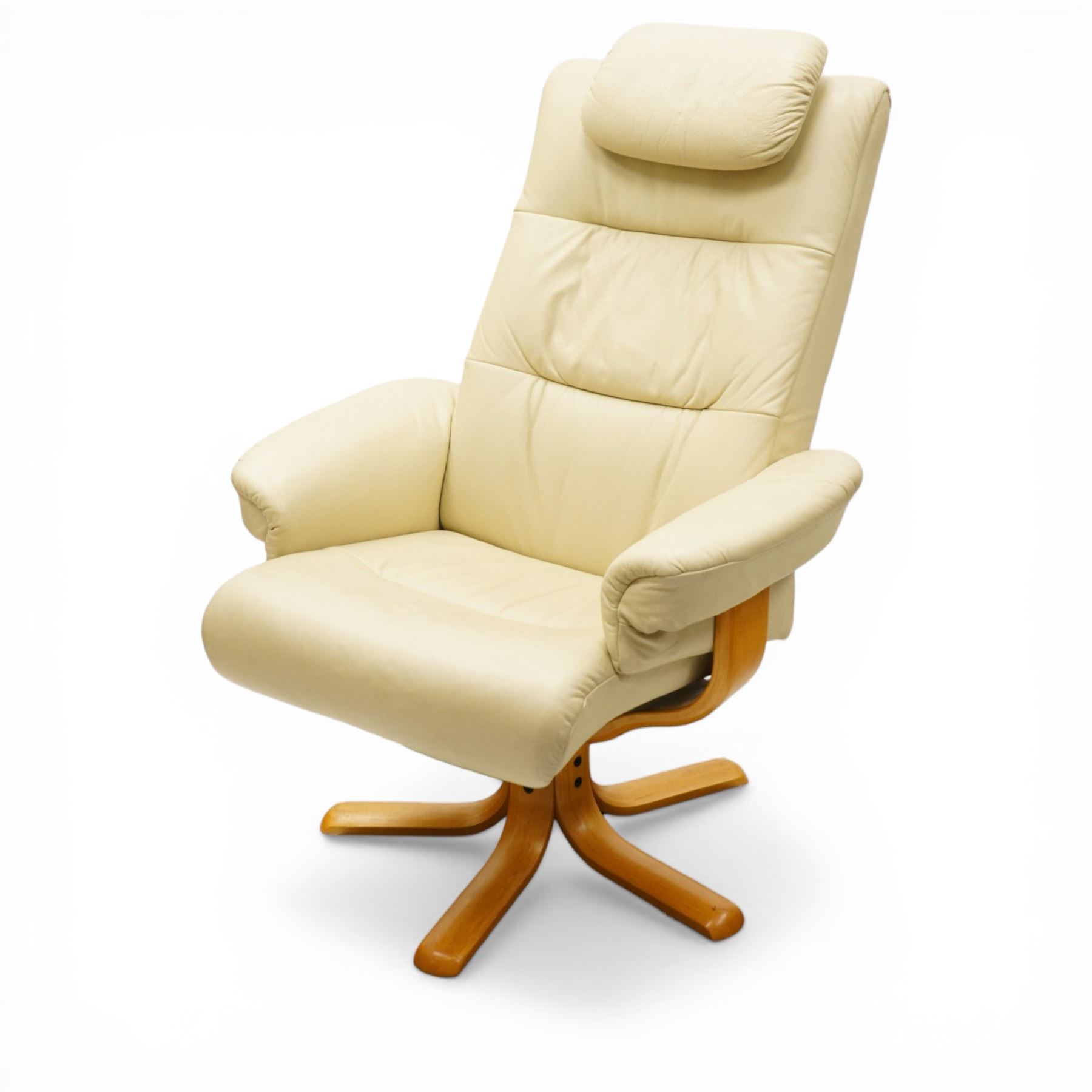 Modern cream leather swivel recliner, with cable operated switch to recline, raised on light bentwood frame