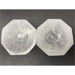 Pair of hexagonal shaped selenite crystal bowls, D10cm