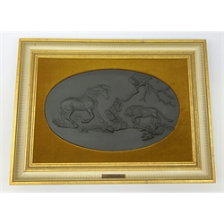 A Wedgwood black basalt plaque, The Frightened Horse after the painting by George Stubbs, limited edition 186/250, with yellow plush mount, in wooden frame with titled plaque, plaque H24cm L39cm, frame H40.5cm L55cm. 