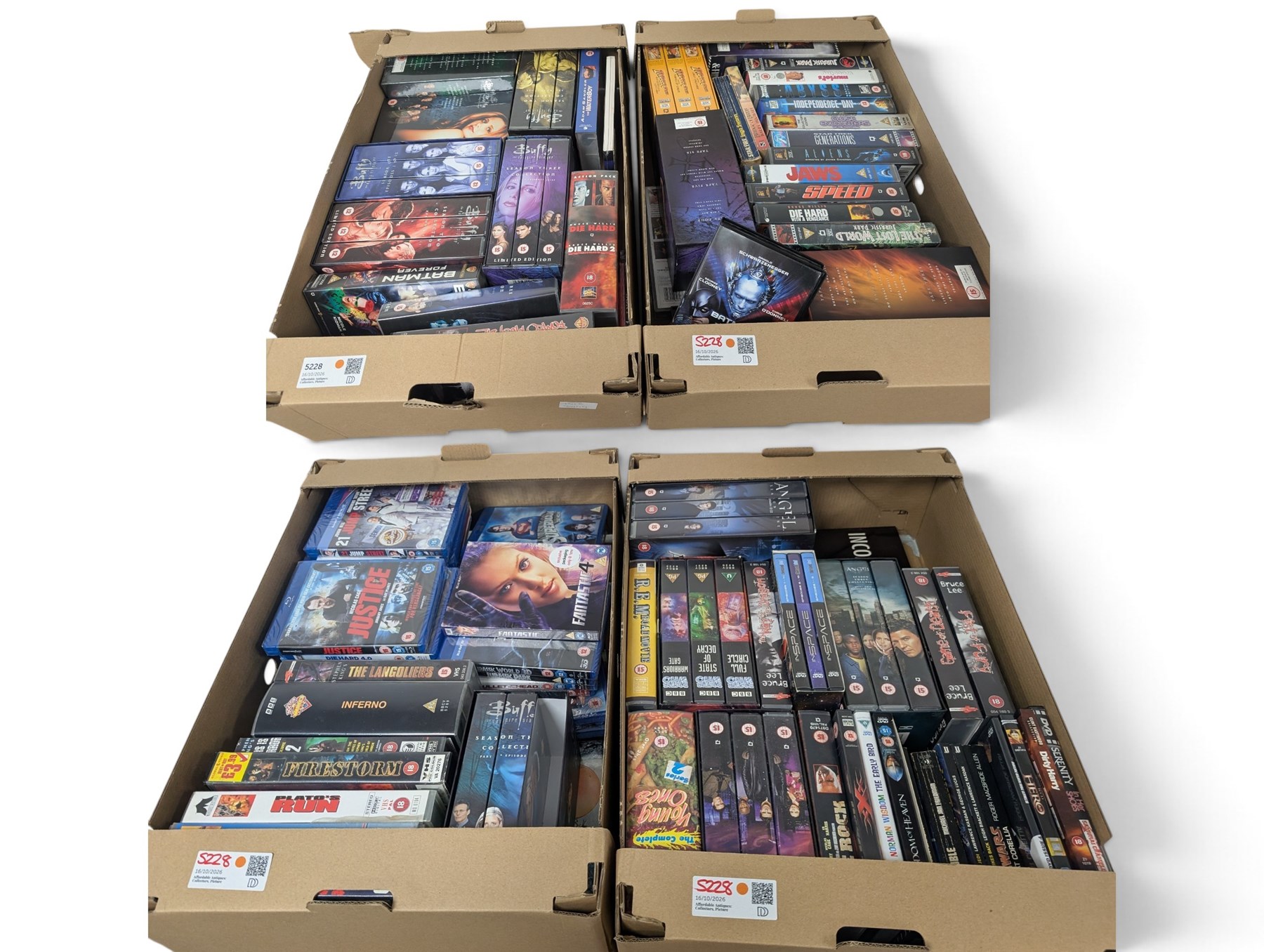 Collection of Sci-Fi and other classic film and TV VHS tapes, DVDs and Blu Rays, including Buffy, Doctor Who, Angel, etc, in four boxes