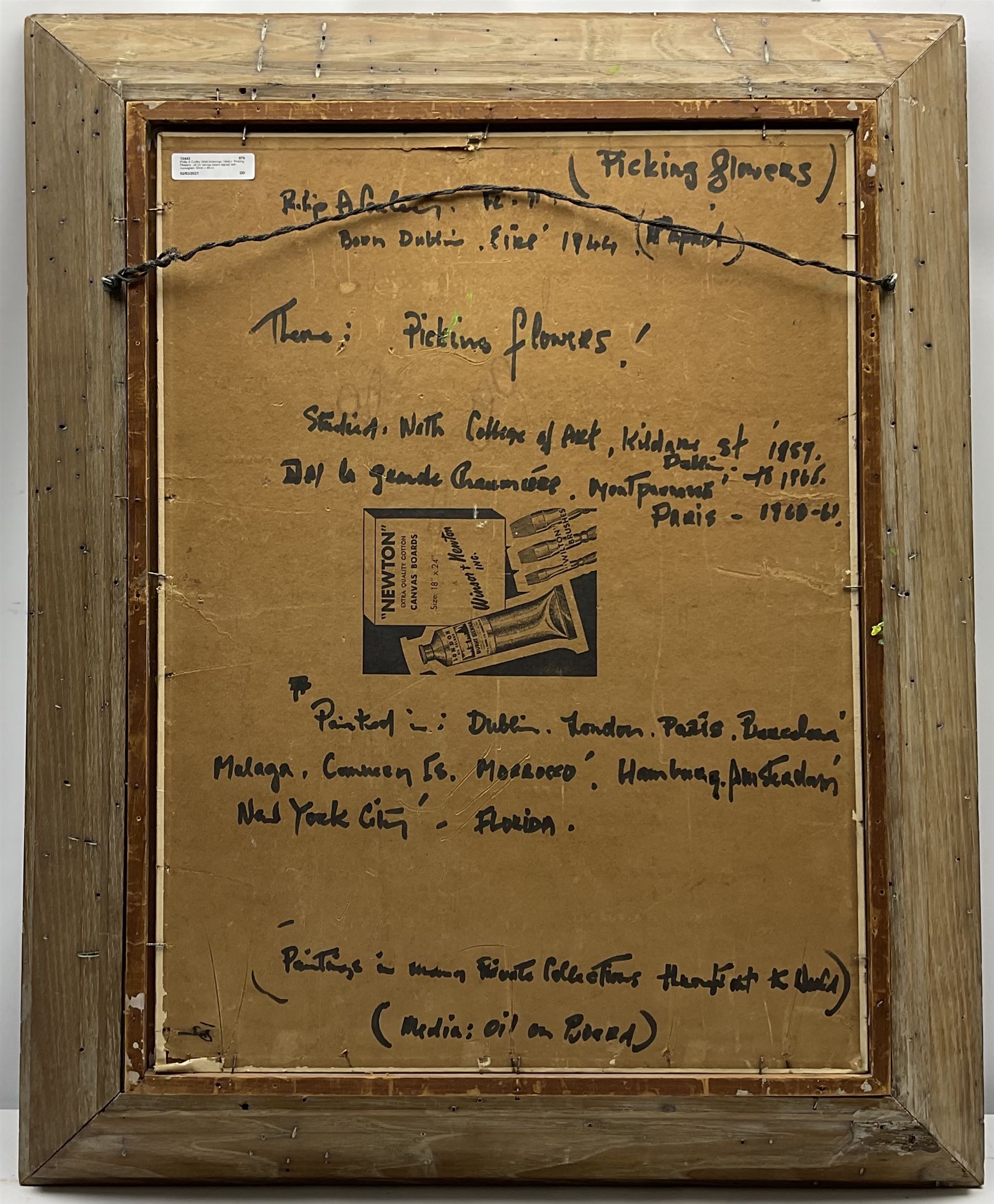 Philip A Corley (Irish/American 1944-): 'Picking Flowers', oil on canvas board signed with monogram 60cm x 45cm