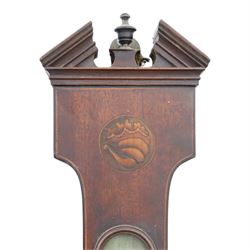 Three wheel barometers, a mother of pearl inlaid mahogany case, swan neck pediment, thermometer and circular dial, H 92cm, the second Sheraton Revival style with floral inlay, swan neck pediment, thermometer and circular dial, H 102cm, the third Sheraton Revival style, H 95cm (3)