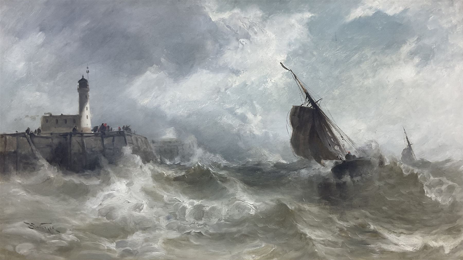 Stephen Frank Wasley (British 1848-1934): Heavy Swell off Scarborough Lighthouse, oil on canvas signed 60cm x 105cm