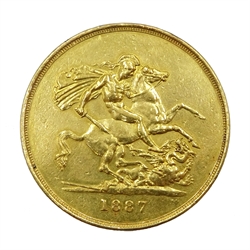  Queen Victoria 1887 gold five pound coin, previously mounted  