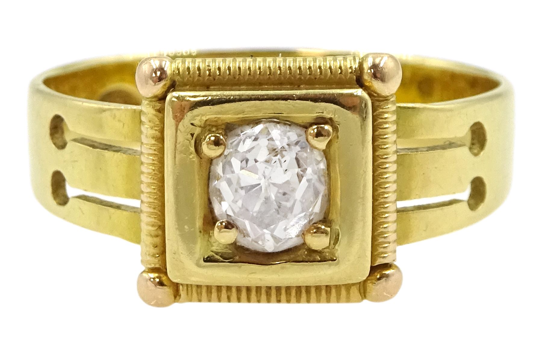 Victorian square set single stone old cut diamond ring, with pierced design shoulders, Chester 1882, diamond approx 0.50 carat
