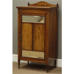  Edwardian inlaid rosewood music cabinet enclosed by single door fitted with two bevelled glass plates, W53cm, H102cm, D37cm  