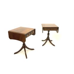 Pair of Reprodux, Bevan Funnell Ltd. of Newhaven,  mahogany drop leaf pedestal tables fitted with two short drawers, raised on central turned column to meet four shaped supports