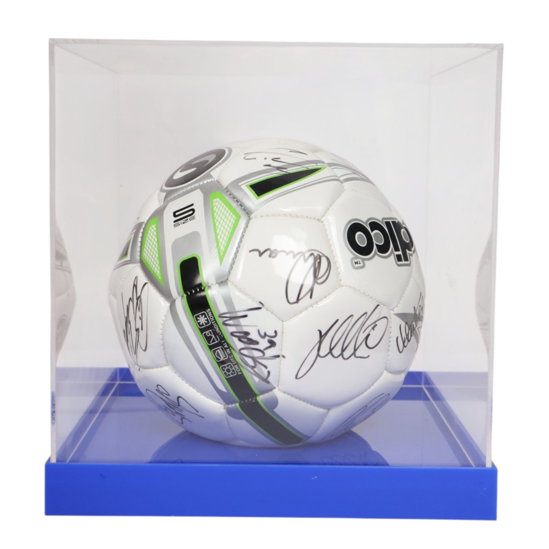 Sondico football signed at the Den by the Millwall football team December 2012, contained within a Perspex display case