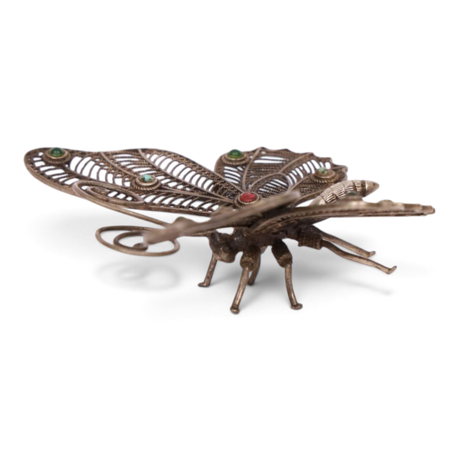 Two filigree insects, modelled as a butterfly and hornet, with decorative stones applied to the wings, butterfly L9cm