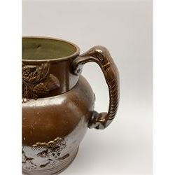 19th century salt glazed stoneware jug, with mask spout and greyhound modelled handle, the body decorated in relief with Royal Coat of Arms flanked by lions, the rim with the flowers of the union, roses, thistles and shamrocks, H26.5cm