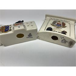 Ten WW1 crested china military models comprising seven field ambulances and three 'Home Fires Burning' fire-surrounds/range; various makers including Willow Art, Arcadian China, Grafton China, Savoy China, Carlton China etc; various crests including Devon, Aldershot, Portsmouth, West Ham, Coventry, Oxford, Hastings, Brighton etc (10)