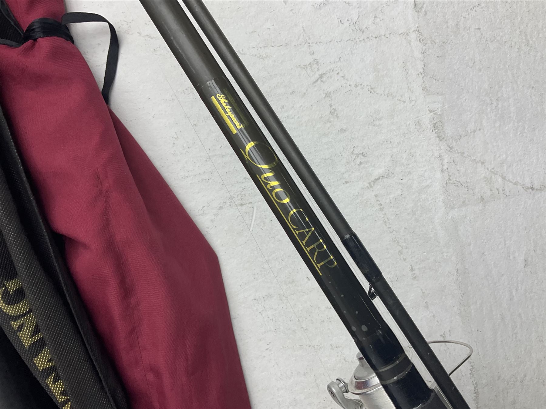 Fishing equipment, comprising reels to include Daiwa No.7300, boxed, Quick GLX 840, Quantum Heat BCS 350, okuma etc, together with various tackle, various poles, split canes and rods to include Middy Xtreme, Shakespeare Quo Carp, etc, many in bags