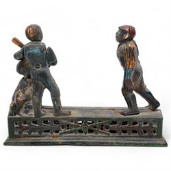 Late 19th century American 'Hometown Battery' money bank with moving baseball figures and traces of original paint W23cm