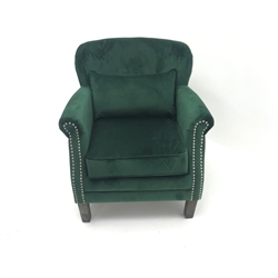  Low backed armchair upholstered in studded emerald velvet, square tapering supports, W73cm  