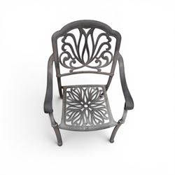 Circular aluminium garden table and pair of armchairs chairs with a pierced and scrolling backs 