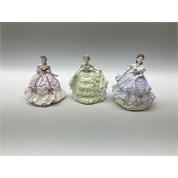 A group of figures, comprising four Royal Worcester examples, The Milkmaid, Lady Emma, Lady Cicely, Lady Hannah, three Royal Doulton examples, Top o' the Hill HN1849, Margaret HN2397, Fair Lady HN3216, two Coalport examples Fairest Flowers Heather, and Pansy, and a Wedgwood figure commissioned by Spink, The Imperial Banquet. 