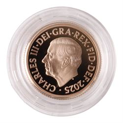 King Charles III 2025 'Shield' rose gold proof full sovereign coin, cased and boxed with certificate