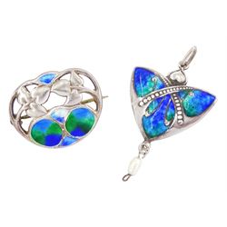 Art Noveau silver blue / green enamel and pearl pendant by James Fenton and a similar silver and enamel brooch by Charles Horner, both hallmarked
