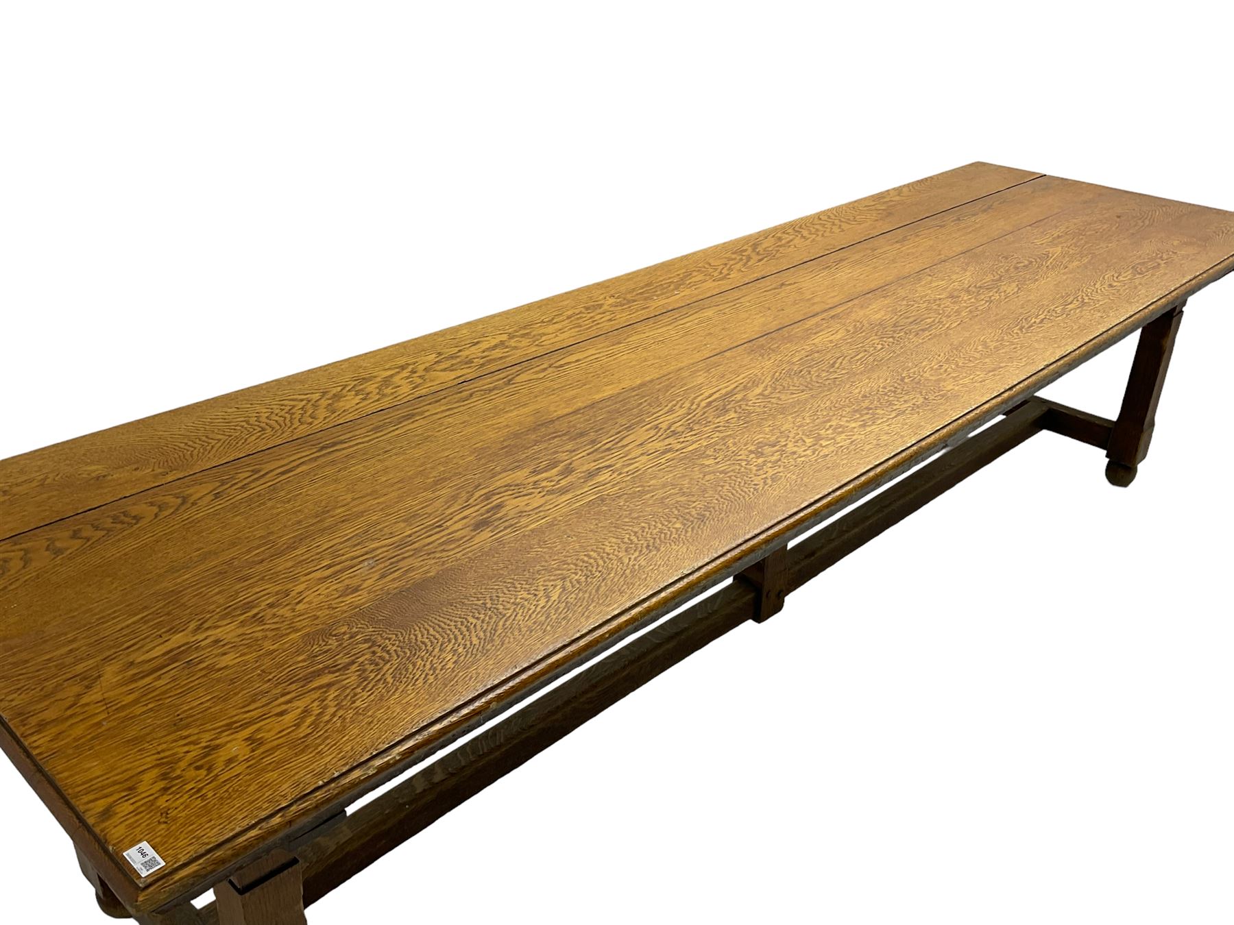 Large 19th century oak ecclesiastical refectory table, the moulded rectangular top on square supports joined by H stretchers with central upright support