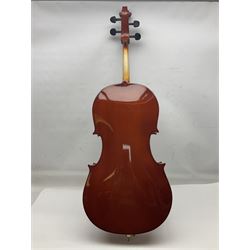 Gear4Music three-quarter sized cello with 70cm one-piece back and spruce top; bears maker's label; L112cm overall; in soft carrying case with Erich Steiner bow