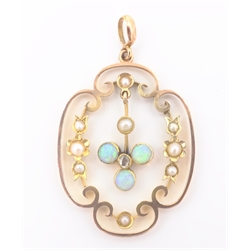  Early 20th century rose gold opal, seed pearl and diamond pendant tested 9ct   
