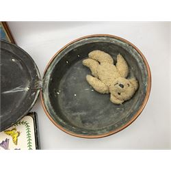 Copper bed pan, Portmeirion placemats, glazed and framed needlework and George Houghton cartoons placemats