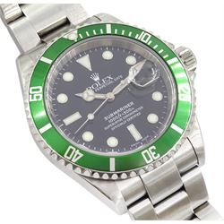 Rolex Oyster Perpetual Date Submariner 'Kermit' gentleman's stainless steel automatic wristwatch, circa 2005, model No 16610LV, serial No. D079091, 60 minute rotating green bezel, on Rolex Oyster stainless steel bracelet, with fold-over clasp, boxed with service guarantee dated 2014