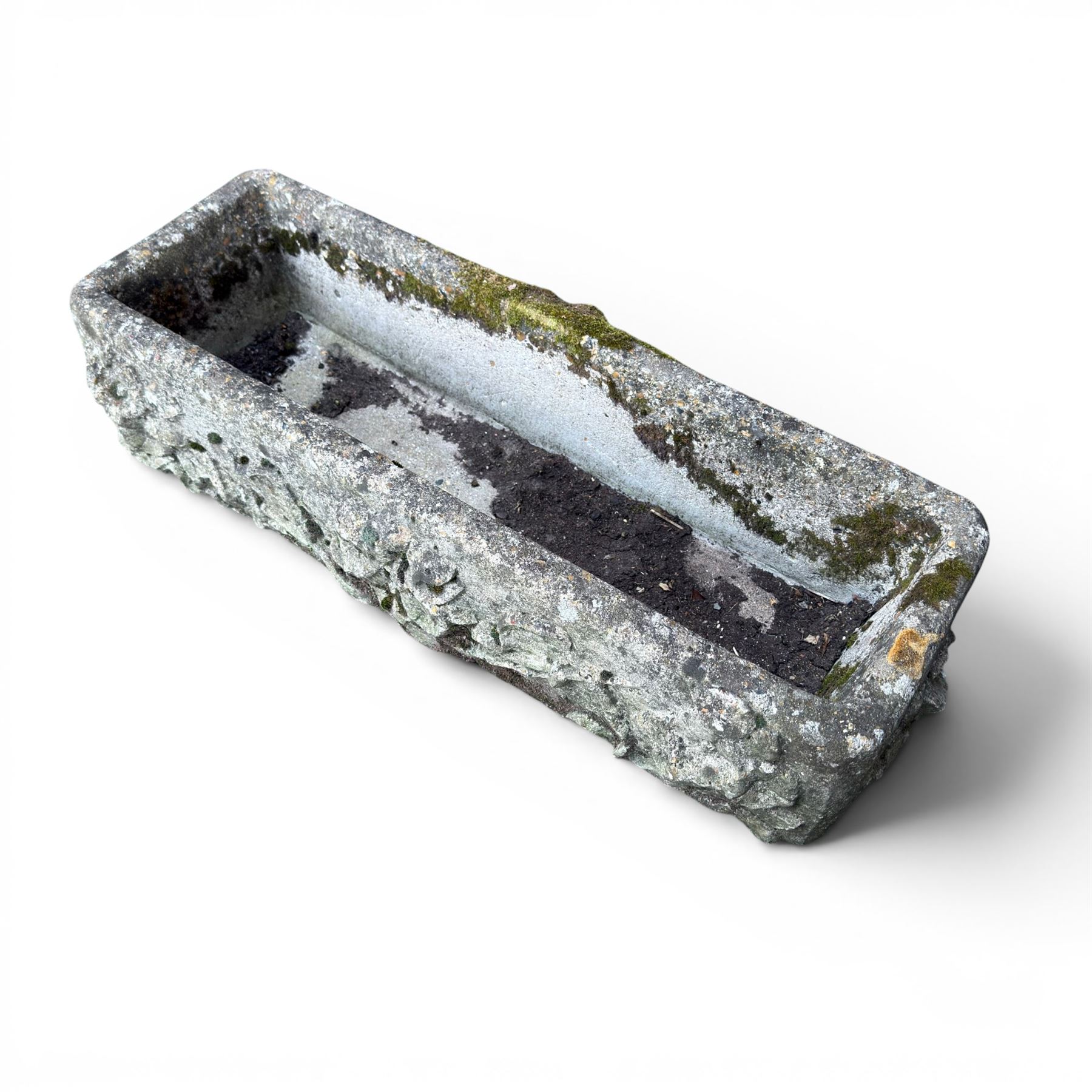 Pair of rectangular weathered cast stone planters, ornate moulded detail