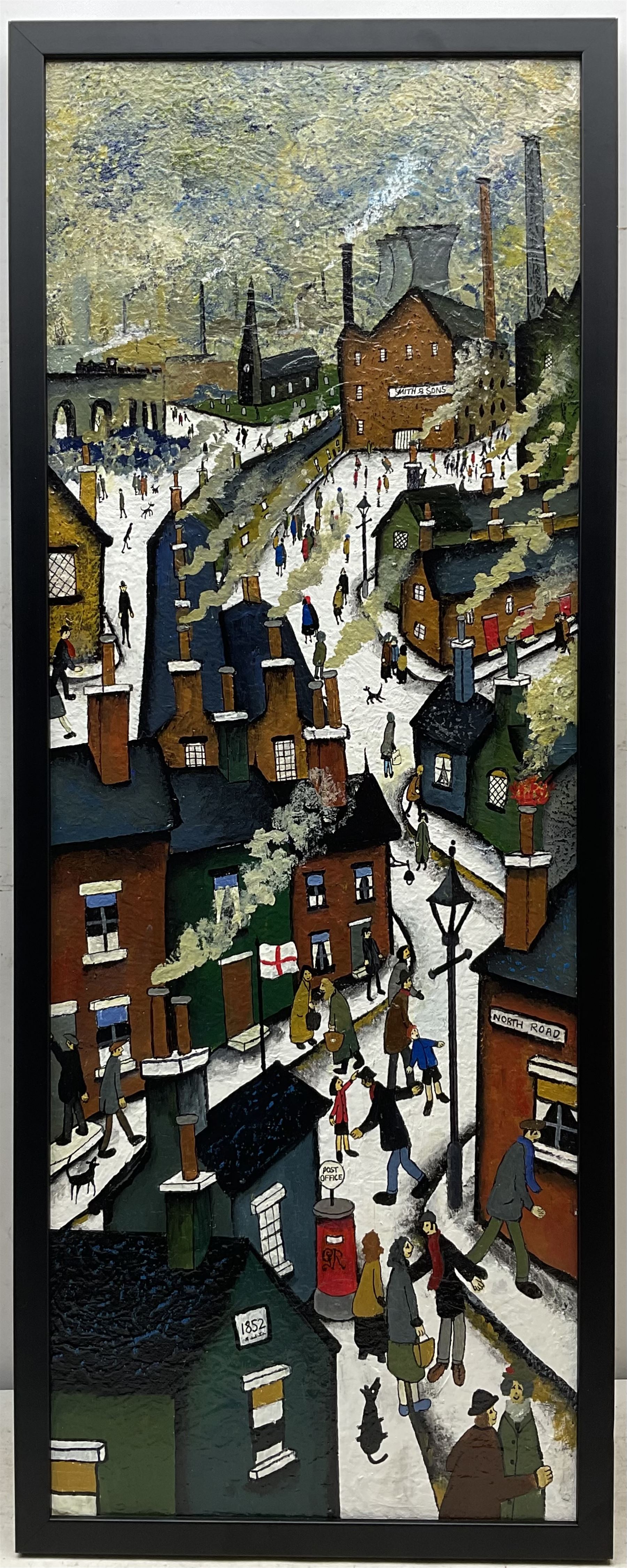 John Hanley (Northern British 1947-): 'Up North', mixed media on canvas board, signed and titled verso 80cm x 29cm