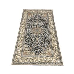 Fine Nain blue and ivory silk inlaid ground rug, central medallion, repeating border