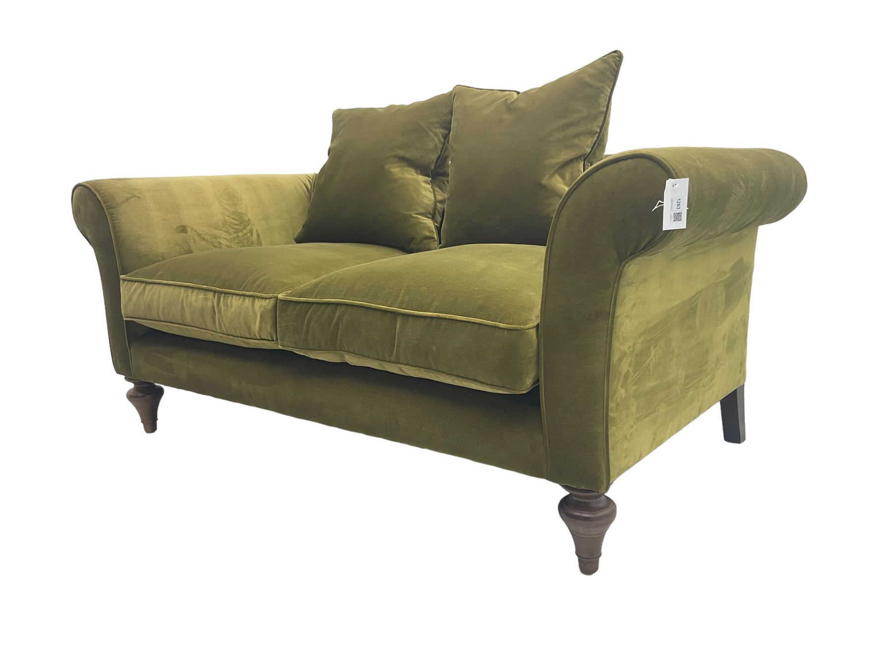 Sofas & Stuff - 'Clavering' two seat sofa upholstered in olive green velvet, scrolled arms, on turned front supports, with matching scatter cushions