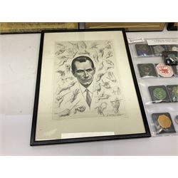 Enamel Horse racing members badges, together with three framed signed racing characters jockey prints, including Steve Smith Eccles, Willie Shoemaker and Greville Starkey, and one other print